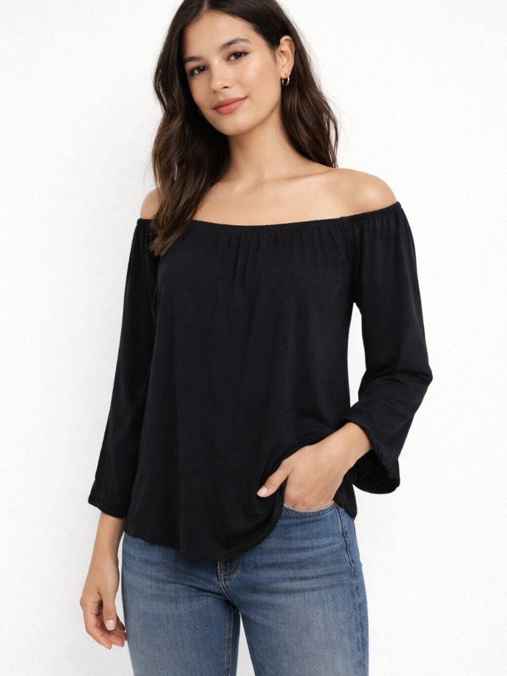 Moa Moa Women’s Ruffled Cuff Top Black XS Long Sleeve Gathered Scoop Neck